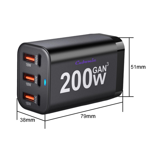 CUBONIC 200W GaN Charging Station, 6-Port Desktop Charger with 3 USB-C & 3 USB-A Ports, Multi Device Charging Hub for Laptops, Smartphones, Tablets, Wearables & USB Powered Electronics