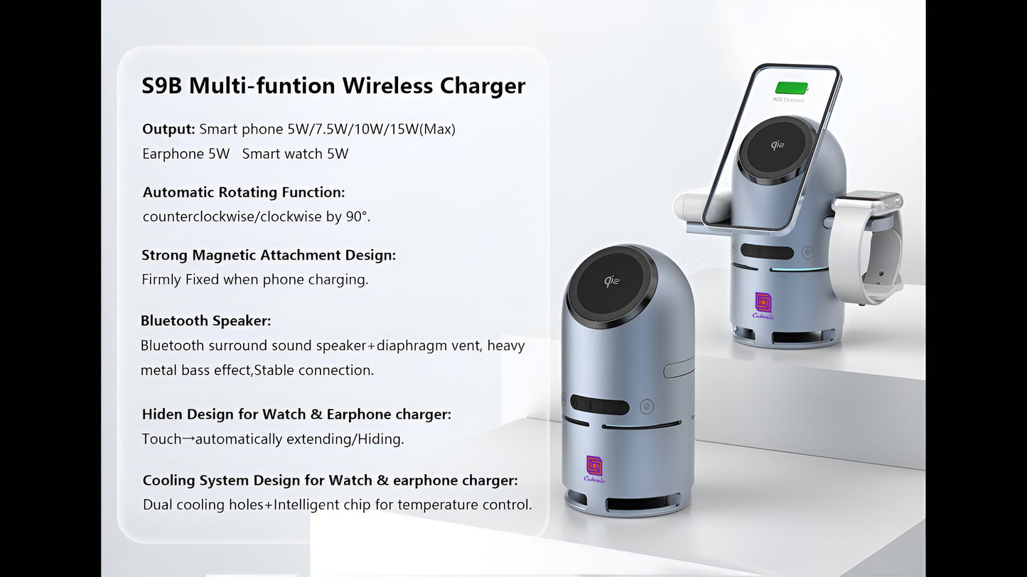 Cubonic S9 3-in-1 Qi2 Certified Wireless Charger with 15W Fast Charging, Bluetooth Speaker, Auto-Rotation & Foldable Stand – Compatible with iOS & Android