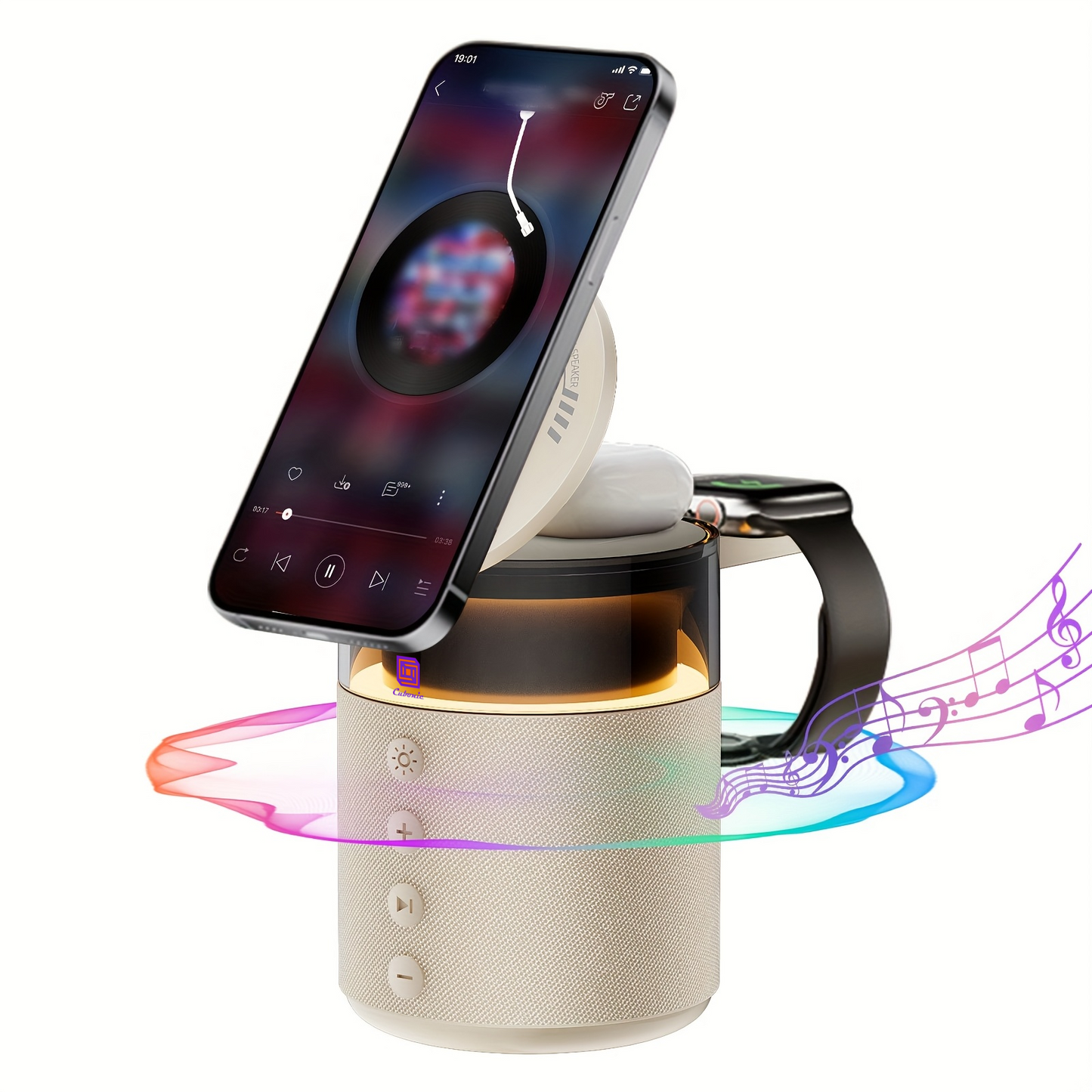 Cubonic HT554 3-in-1 Qi2 Certified Wireless Charger with 15W Fast Charging, Bluetooth Speaker, Auto-Rotation & Foldable Stand – Compatible with iOS & Android