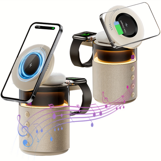 Cubonic HT554 3-in-1 Qi2 Certified Wireless Charger with 15W Fast Charging, Bluetooth Speaker, Auto-Rotation & Foldable Stand – Compatible with iOS & Android