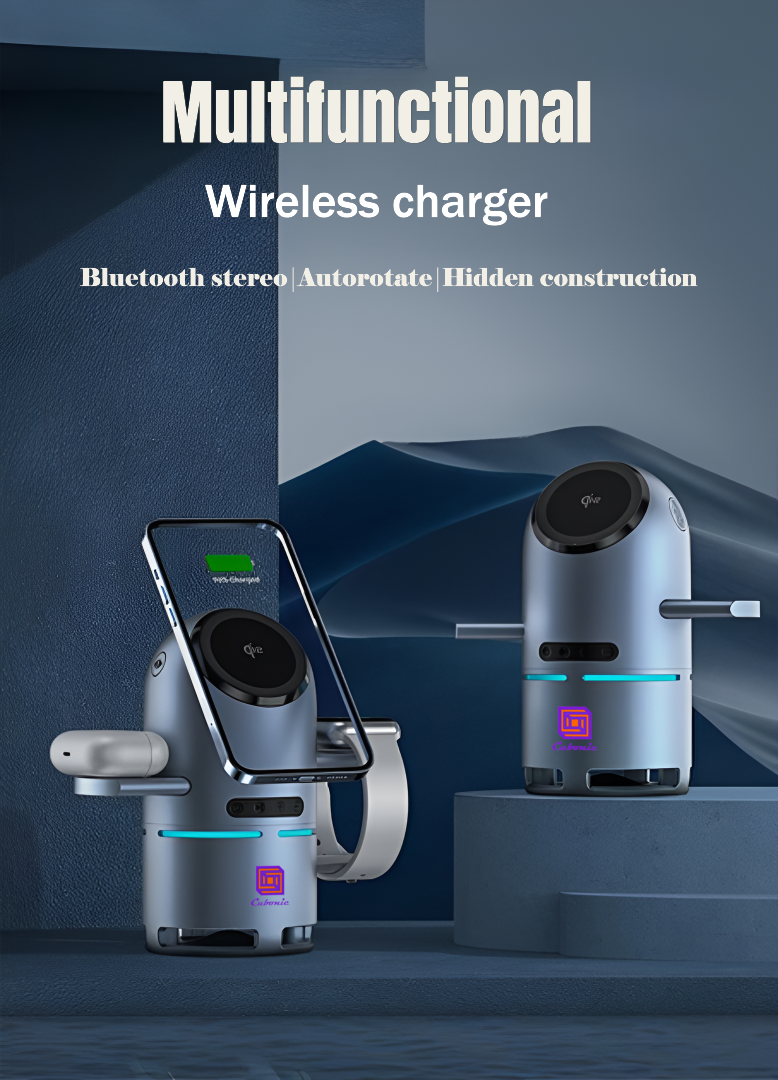 Cubonic S9 3-in-1 Qi2 Certified Wireless Charger with 15W Fast Charging, Bluetooth Speaker, Auto-Rotation & Foldable Stand – Compatible with iOS & Android
