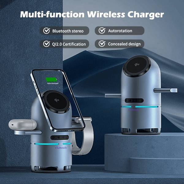 Cubonic S9 Bullet Shaped 3-in-1 Qi2 Certified Wireless Charger with 15W Fast Charging, Bluetooth Speaker, Auto-Rotation & Foldable Stand – Compatible with iOS & Android