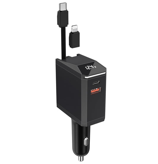 Cubonic SD-038 4 in 1 Retractable Cable 65W Type C, 27W 8 pin Connector, USB-A(30W), USB-C(30W) Car Charger