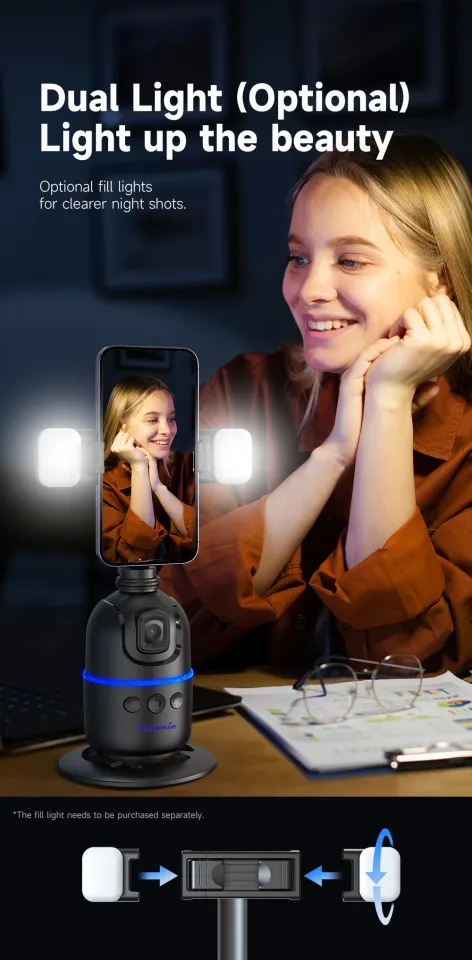 Cubonic P03 Auto Face Tracking Phone/Go Pro Camera Holder, 360° Rotation Auto Face Tracking (No APP Need) Mount with Fill light