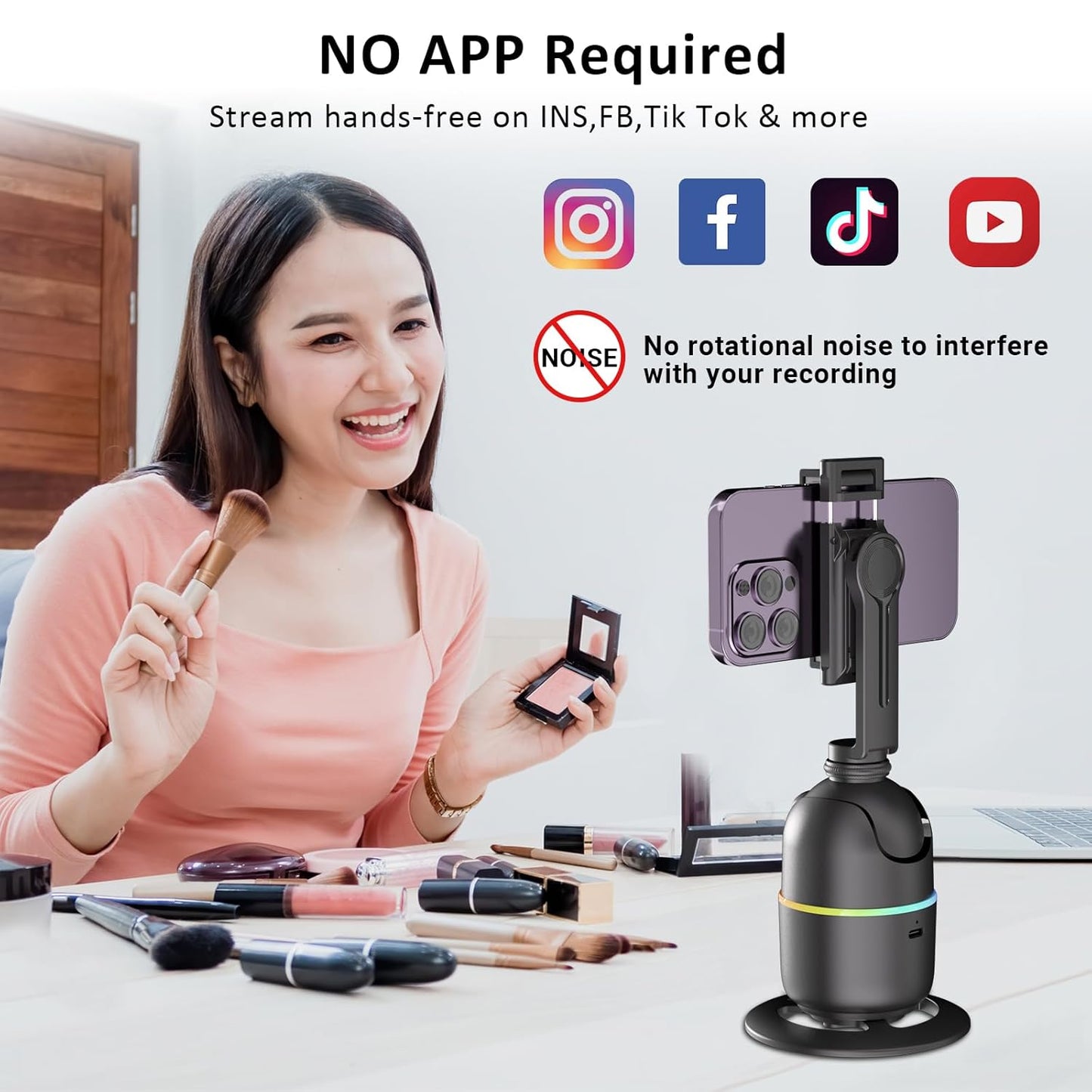 Cubonic P03 Auto Face Tracking Phone/Go Pro Camera Holder, 360° Rotation Auto Face Tracking (No APP Need) Mount with Fill light