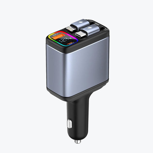 Cubonic SD-037 Retractable 4 in 1 Fast 117W, 2 Retractable Cables,USB C Car Fast Charger with LED Display