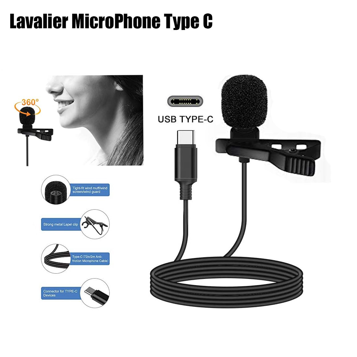 Cubonic Type C Professional Lavalier Lapel Clip-on Microphone 1m