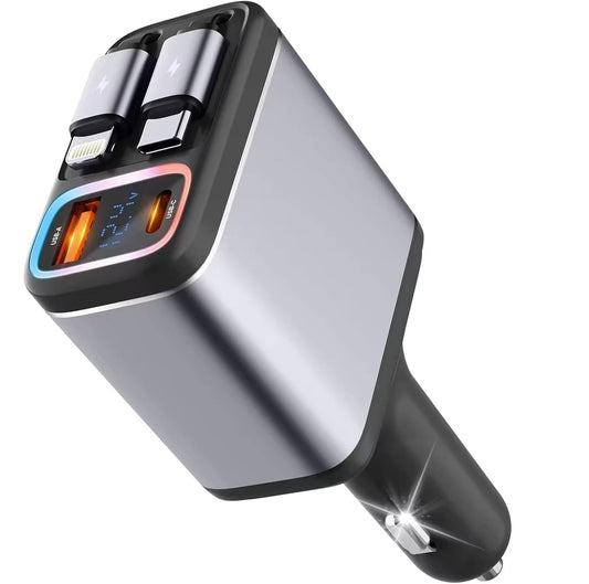 Cubonic SD-037 Retractable 4 in 1 Fast 117W, 2 Retractable Cables,USB C Car Fast Charger with LED Display