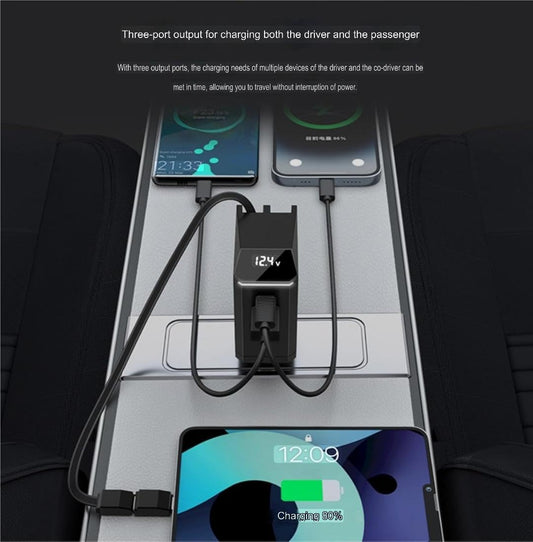 Cubonic SD-038 4 in 1 Retractable Cable 65W Type C, 27W 8 pin Connector, USB-A(30W), USB-C(30W) Car Charger