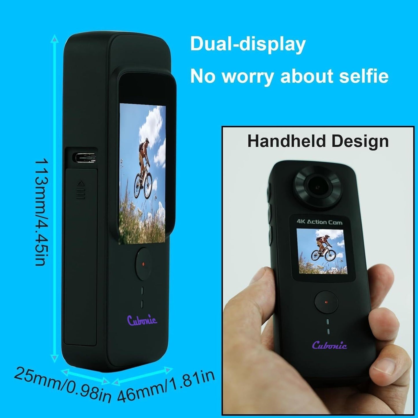 Cubonic4K HD Dual Handheld Waterproof Camera Outdoor Anti-Shake Action Camera| Ultra Bright LCD Touch Screen |Live Streaming with various Mounts Sports Camera