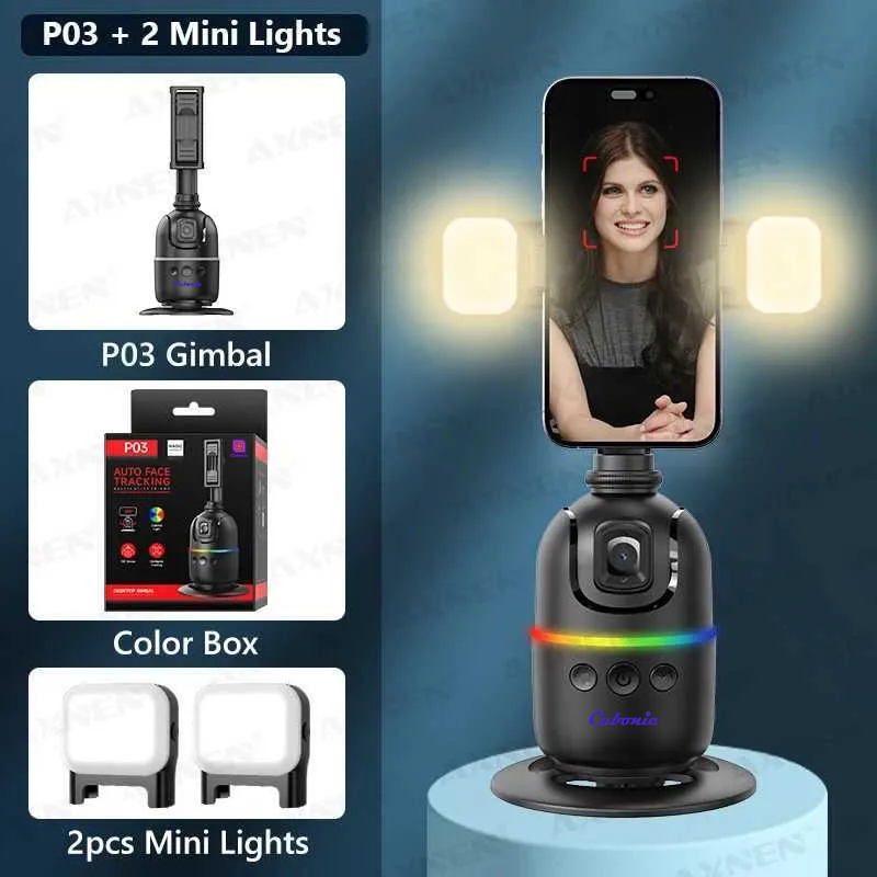 Cubonic P03 Auto Face Tracking Phone/Go Pro Camera Holder, 360° Rotation Auto Face Tracking (No APP Need) Mount with Fill light