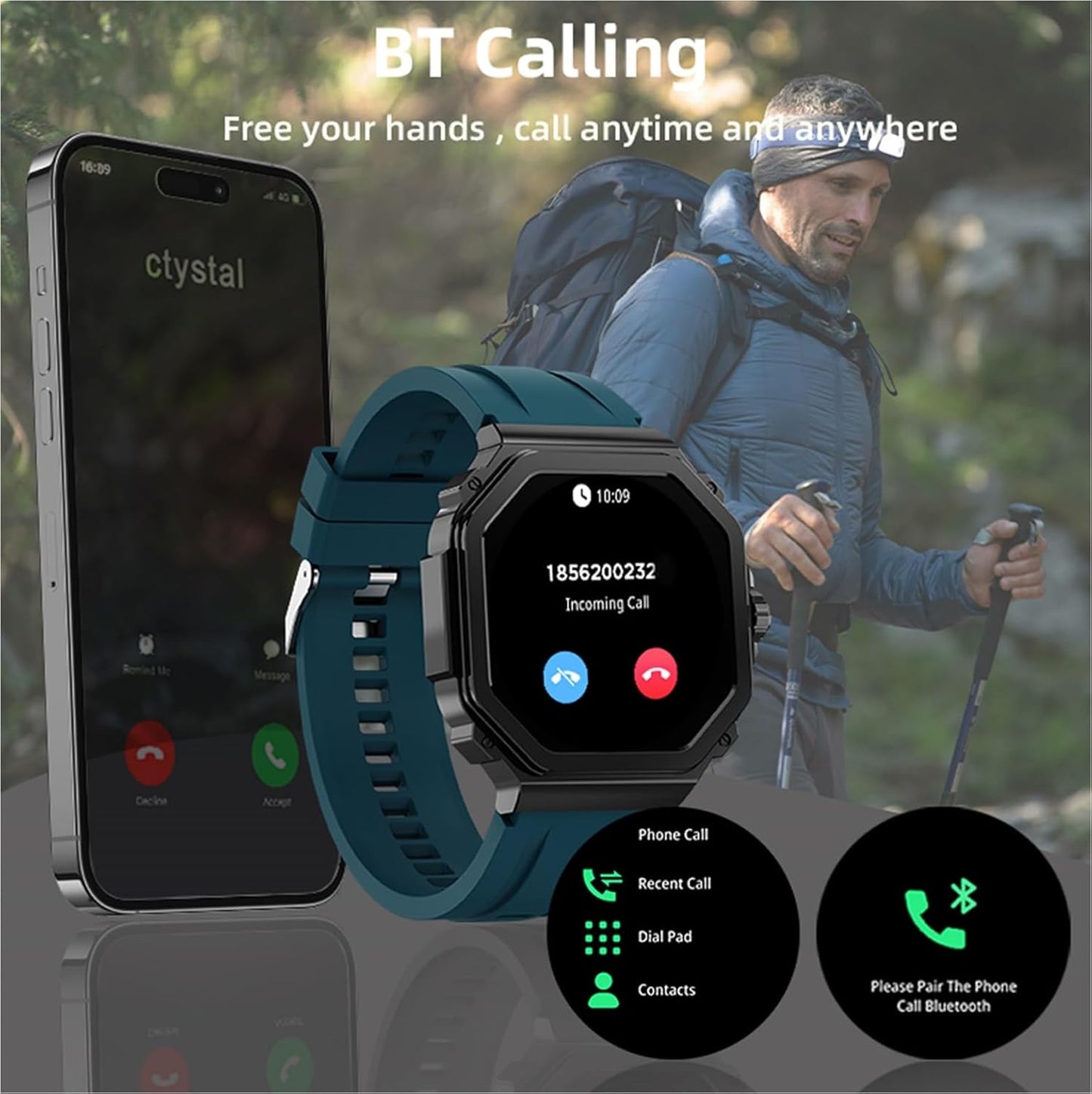 Cubonic T63 Militay Fitness Smart Watch (Answer/Make Calls) with Blood Pressure/Heart Rate/Sleep/100+ Sport Modes