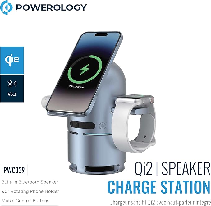 Cubonic S9 Bullet Shaped 3-in-1 Qi2 Certified Wireless Charger with 15W Fast Charging, Bluetooth Speaker, Auto-Rotation & Foldable Stand – Compatible with iOS & Android