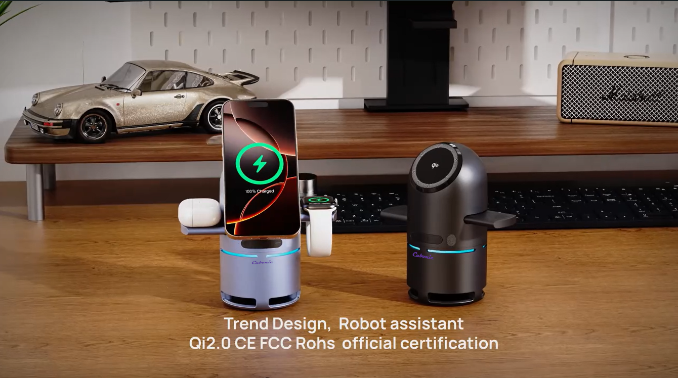 Cubonic S9 Bullet Shaped 3-in-1 Qi2 Certified Wireless Charger with 15W Fast Charging, Bluetooth Speaker, Auto-Rotation & Foldable Stand – Compatible with iOS & Android