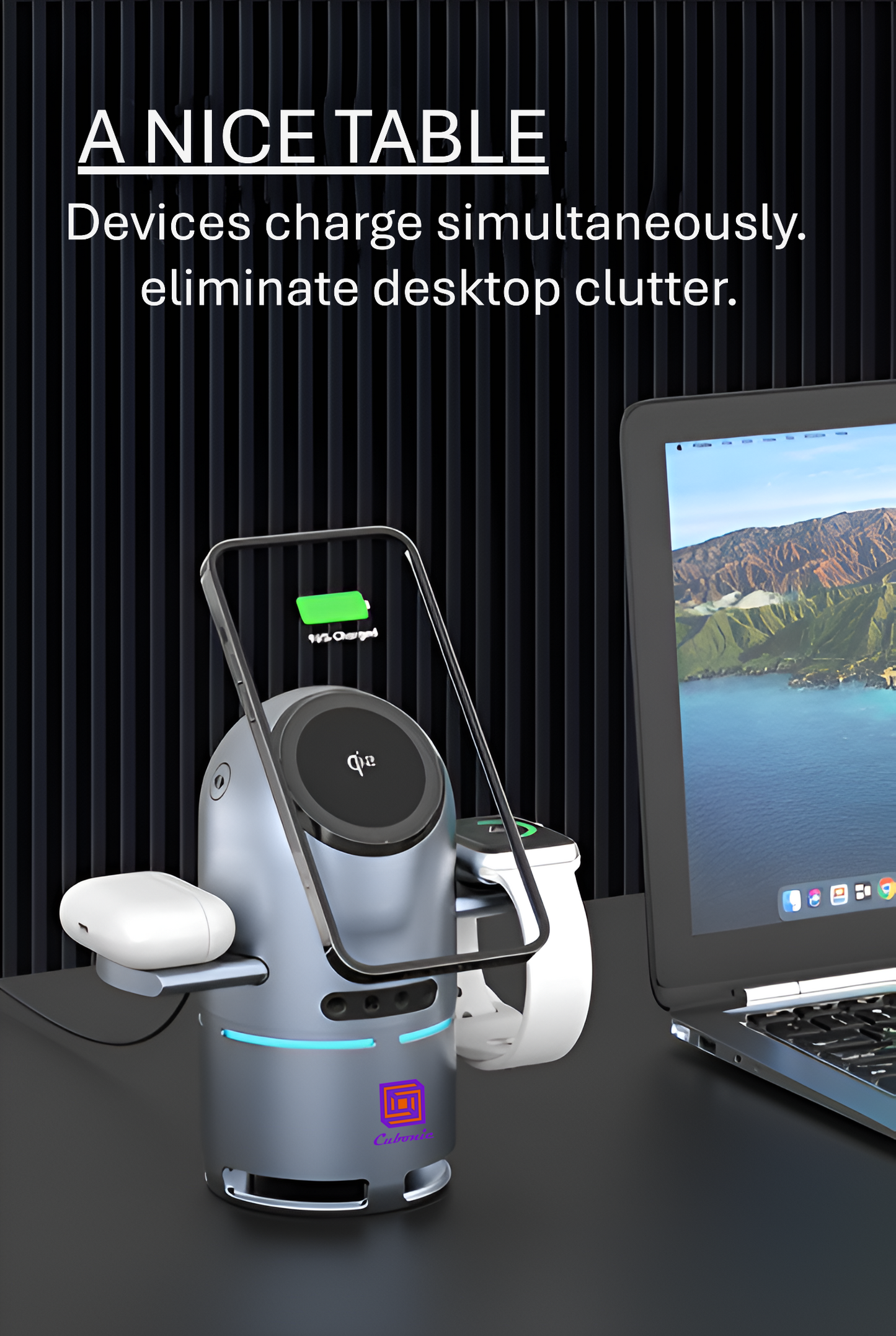 Cubonic S9 3-in-1 Qi2 Certified Wireless Charger with 15W Fast Charging, Bluetooth Speaker, Auto-Rotation & Foldable Stand – Compatible with iOS & Android