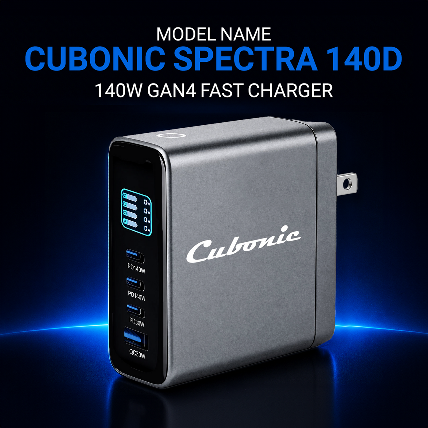CUBONIC 140W GaN Fast Charger with 4 Ports, 3 Type-C PD & 1 USB-A QC Digital Power Display,Multi-Device Fast Charging Adapter