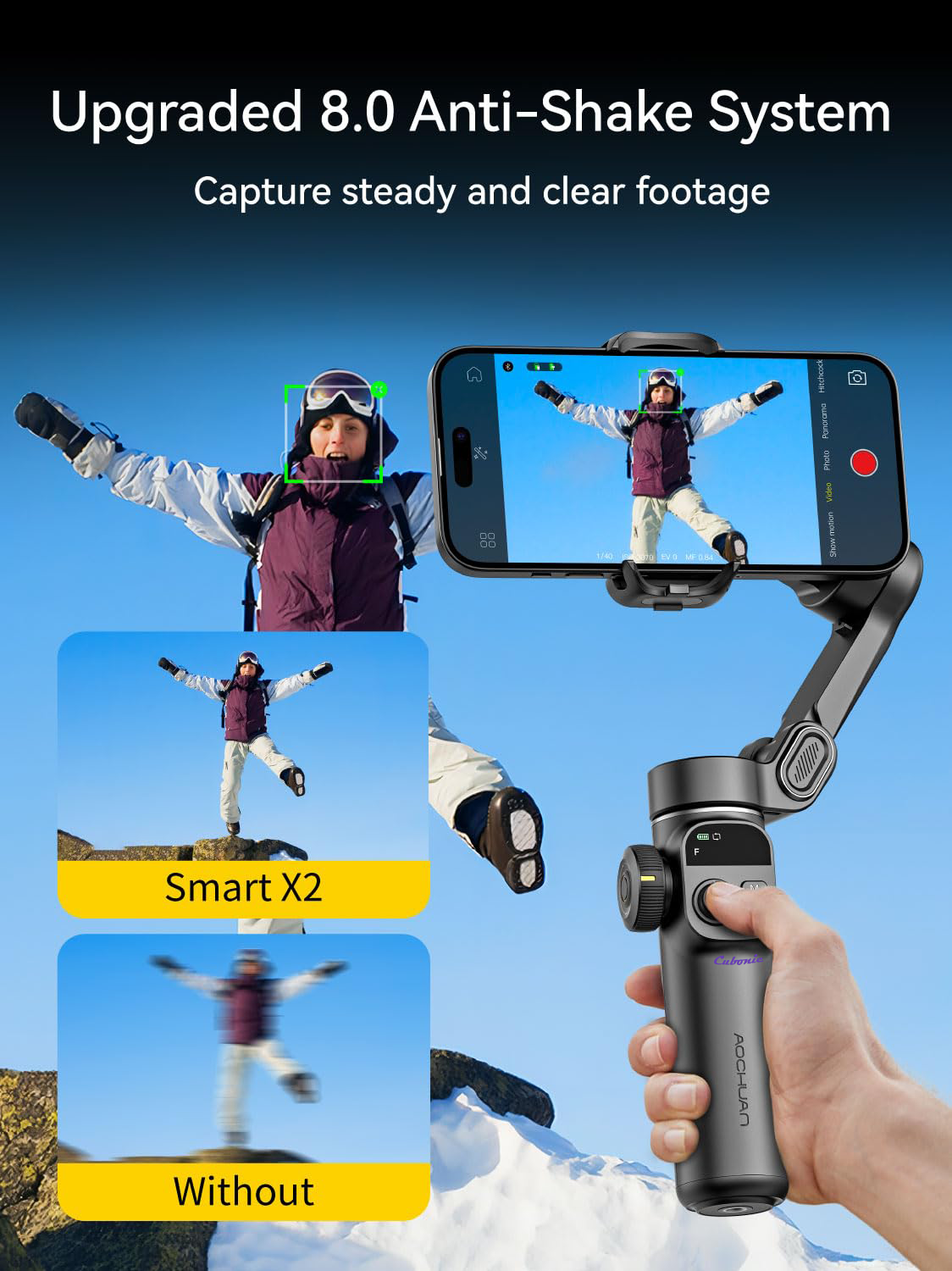 Cubonic Aochuan 3-Axis Smart X2 Gimbal Stabilizer w/Built-in 7.8in Extension Rod, AI Tracking, BT, 8-10 Hour Battery,Compatible w/iPhone and Android App/Gesture Control, OLED Screen Intelligent Gimbal