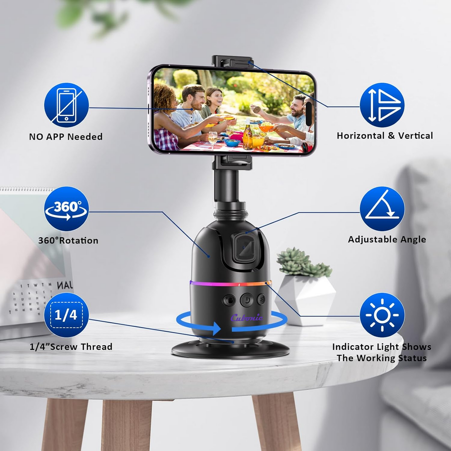 Cubonic P03 Auto Face Tracking Phone/Go Pro Camera Holder, 360° Rotation Auto Face Tracking (No APP Need) Mount with Fill light