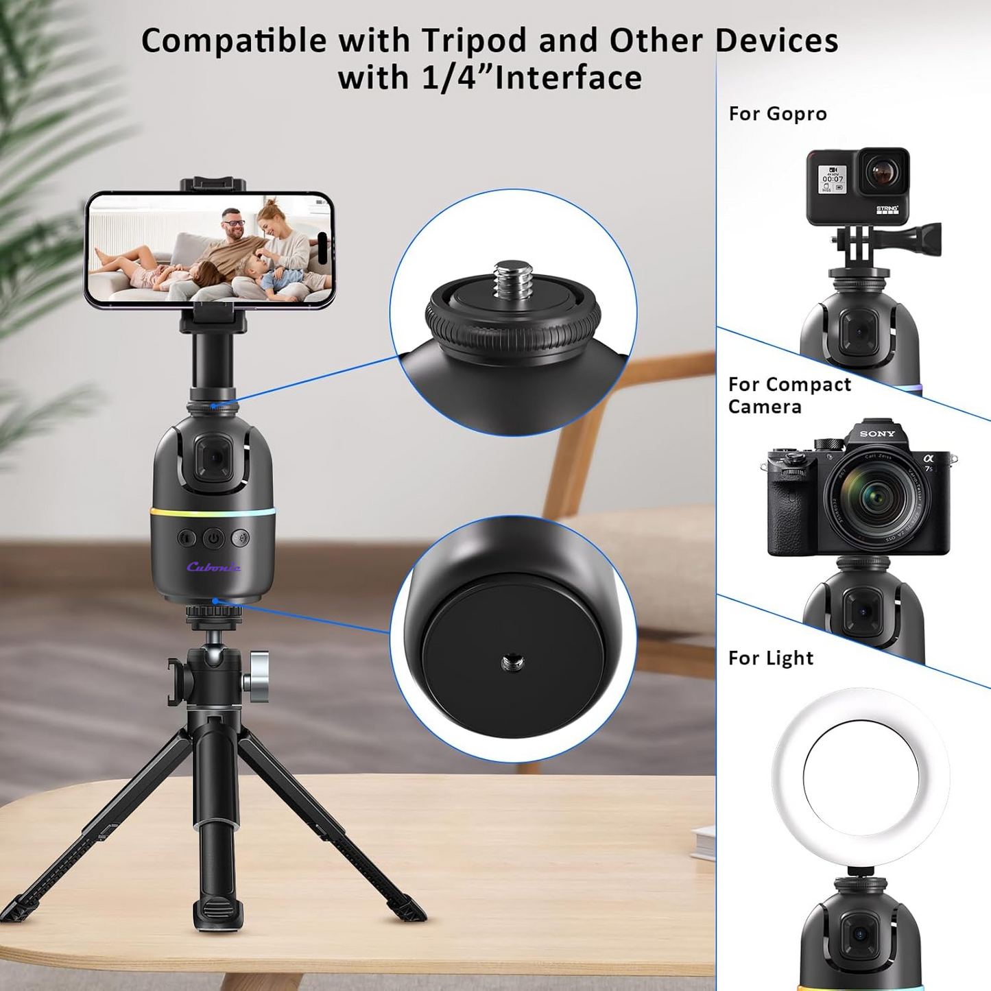Cubonic P03 Auto Face Tracking Phone/Go Pro Camera Holder, 360° Rotation Auto Face Tracking (No APP Need) Mount with Fill light