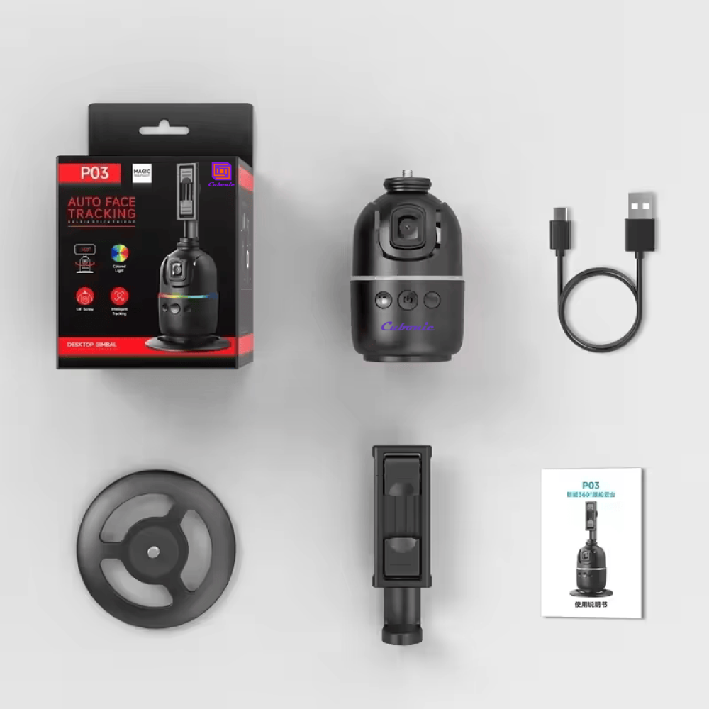 Cubonic P03 Auto Face Tracking Phone/Go Pro Camera Holder, 360° Rotation Auto Face Tracking (No APP Need) Mount with Fill light