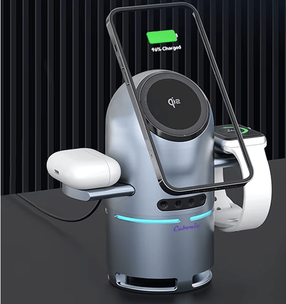 Cubonic S9 Bullet Shaped 3-in-1 Qi2 Certified Wireless Charger with 15W Fast Charging, Bluetooth Speaker, Auto-Rotation & Foldable Stand – Compatible with iOS & Android