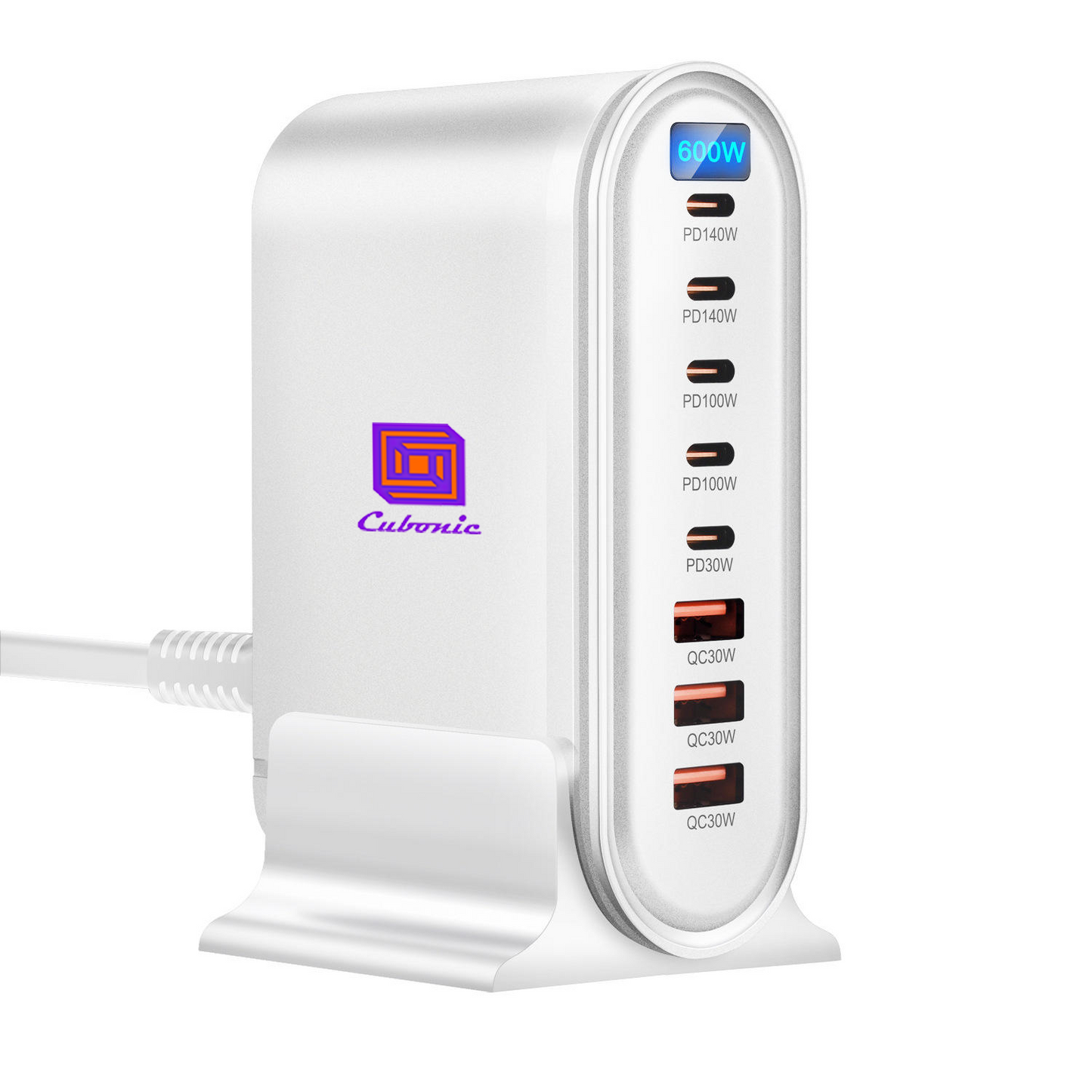 CUBONIC 600W GaN Charging Station, 8-Port Dockw/ 5USB-C & 3USB-A Desktop Charger with Digital Display and Desk Stand, Multiport Charging Hub for Home, Office, Workstation & Travel