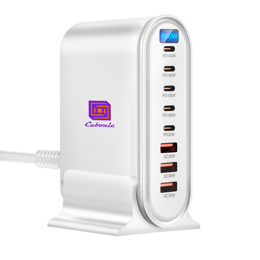 CUBONIC 600W GaN Charging Station, 8-Port Dockw/ 5USB-C & 3USB-A Desktop Charger with Digital Display and Desk Stand, Multiport Charging Hub for Home, Office, Workstation & Travel