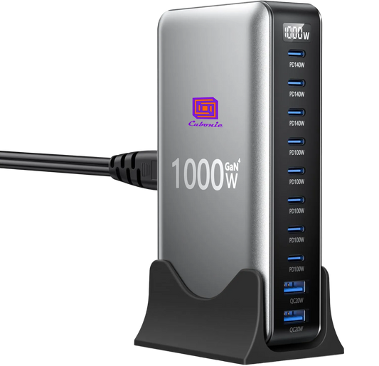 CUBONIC 1000W(Total Actual Output 185W) GaN Charging Station, 10-Port Fast Charger (8 Type-C + 2 USB-A), Max PD 140W/100W & QC 20W Multiport Charging Hub for iPhone 15/16, MacBook, Android, Type-C Laptops & All Devices