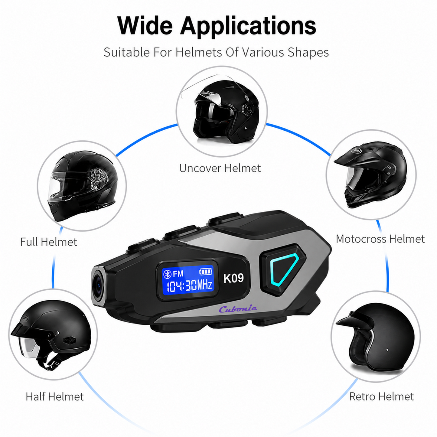 Cubonic RideCord K10 Bluetooth Helmet Headset with 1080p Real Time App Control Camera