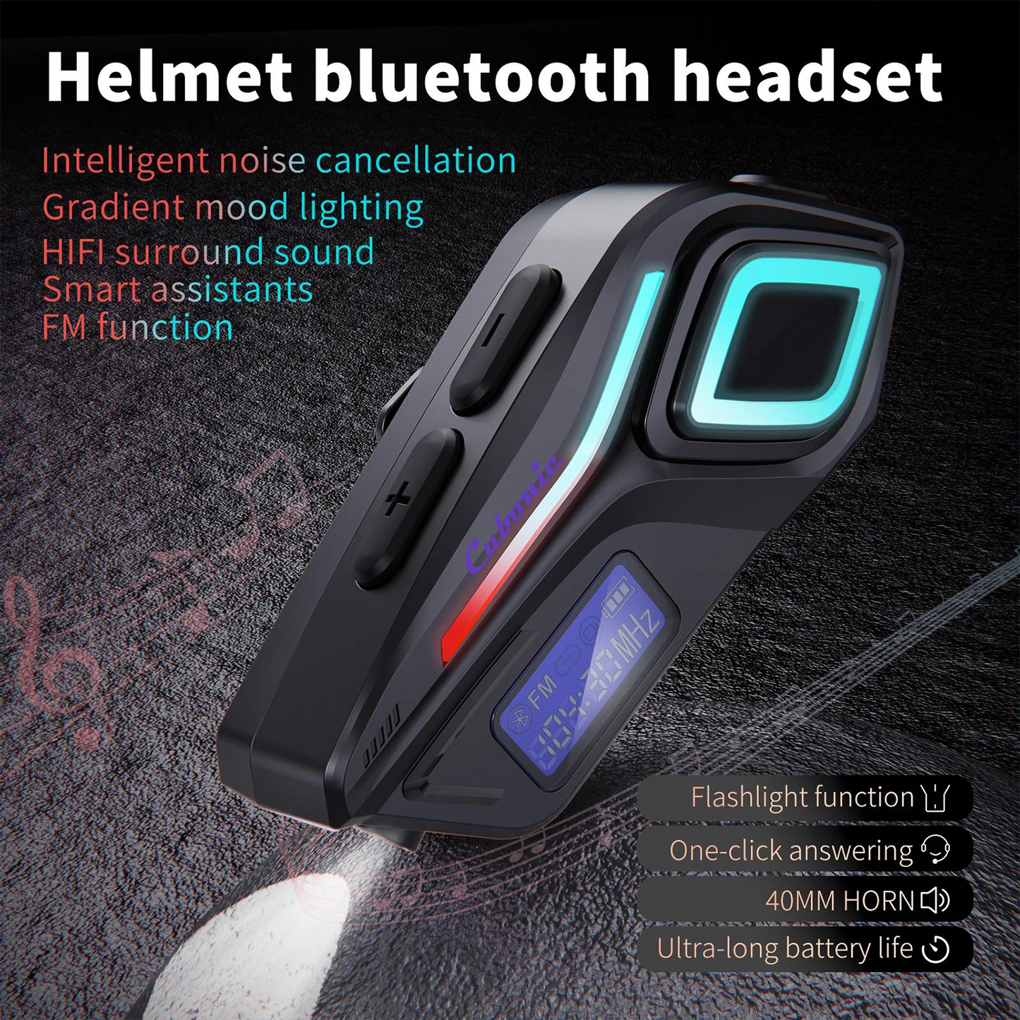 Cubonic RideVibe K08 Wireless Bluetooth Helmet Headset with FM Radio, BT Calling, Hi-Fi Stereo Sound, Noise Reduction, RGB Light, LED Display & Flashlight for Motorcycle Helmets