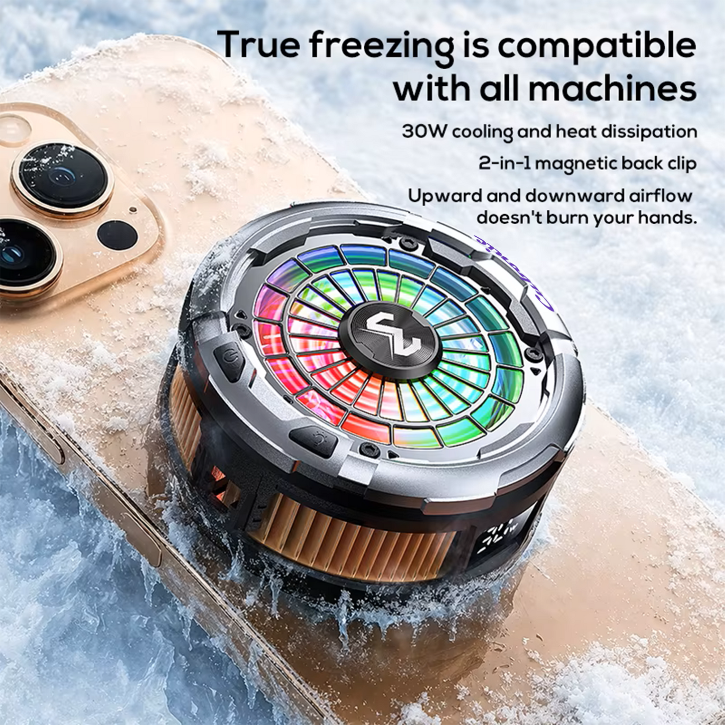 Cubonic CX26 Magnetic Phone Cooler – 30W Semiconductor RGB Cooling Fan with AI Temperature Control for iPhone & Android