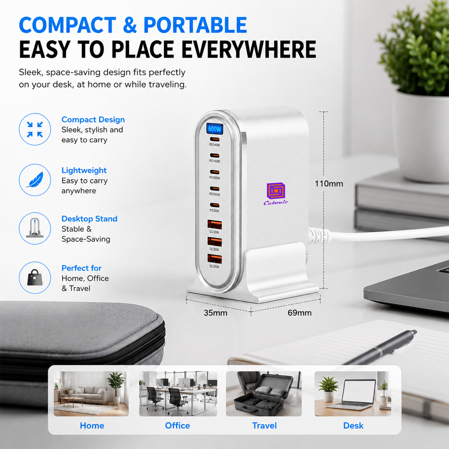 CUBONIC 600W GaN Charging Station, 8-Port Dockw/ 5USB-C & 3USB-A Desktop Charger with Digital Display and Desk Stand, Multiport Charging Hub for Home, Office, Workstation & Travel