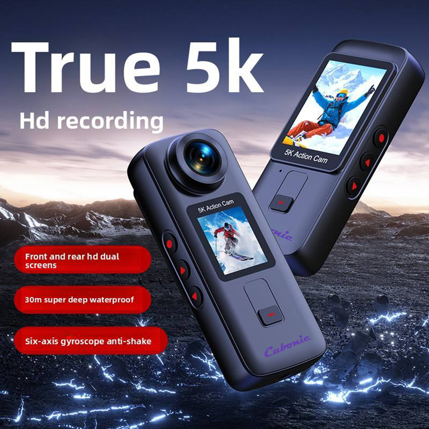 Cubonic 5K G Pro Mark II Dual Display 24MP Action 2" Touchscreen Handheld Camera | 6-Axis Anti-Shake, 170° Wide Angle, Loop Recording, Time-Lapse Video, Remote Control, 1350MaH Dual battery Included