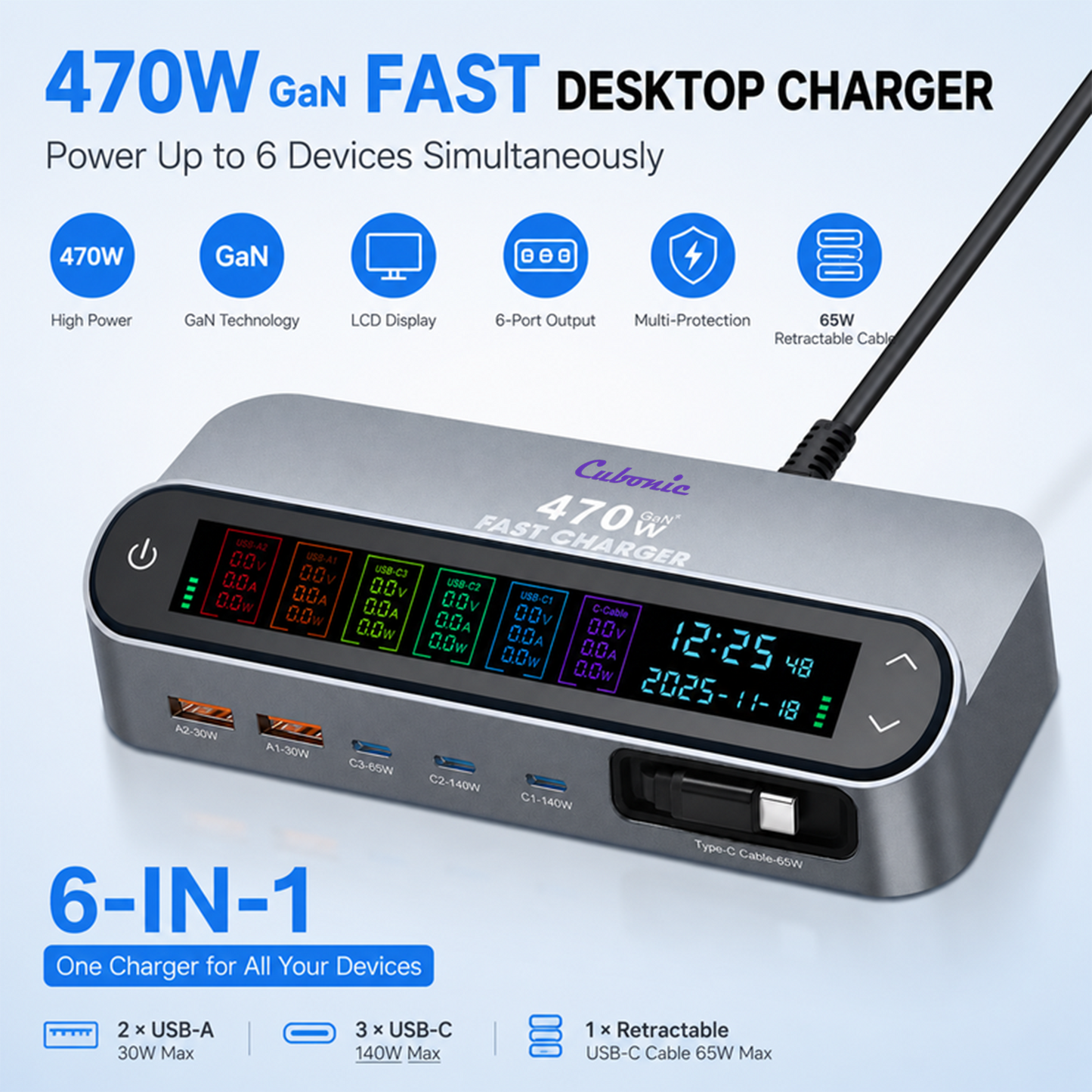 CUBONIC 470W GaN Fast Charging Station –  Multi Device Charging Hub