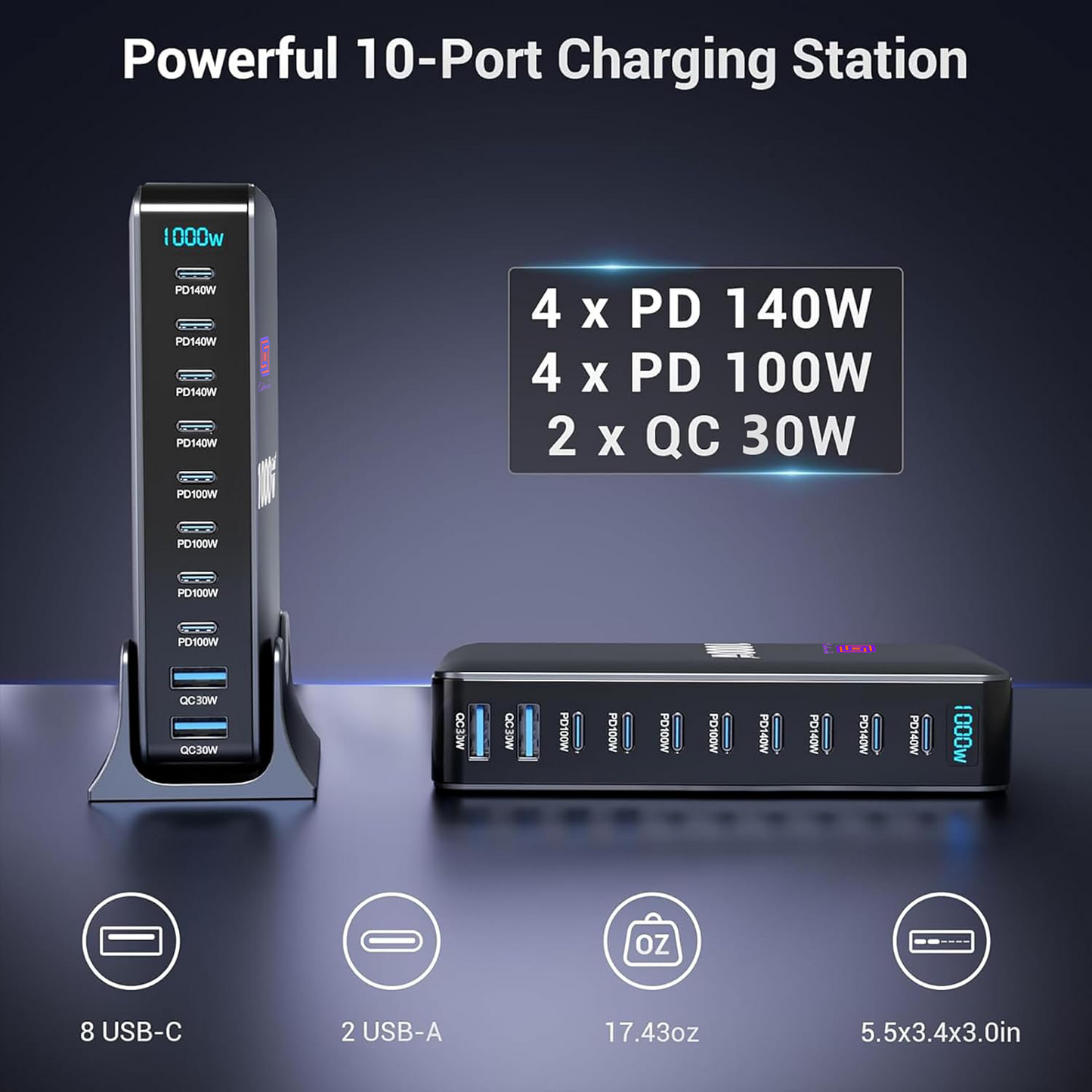 CUBONIC 1000W GaN Charging Station, 10-Port Fast Charger (8 Type-C + 2 USB-A), Max PD 140W/100W & QC 20W Multiport Charging Hub for iPhone 15/16, MacBook, Android, Type-C Laptops & All Devices