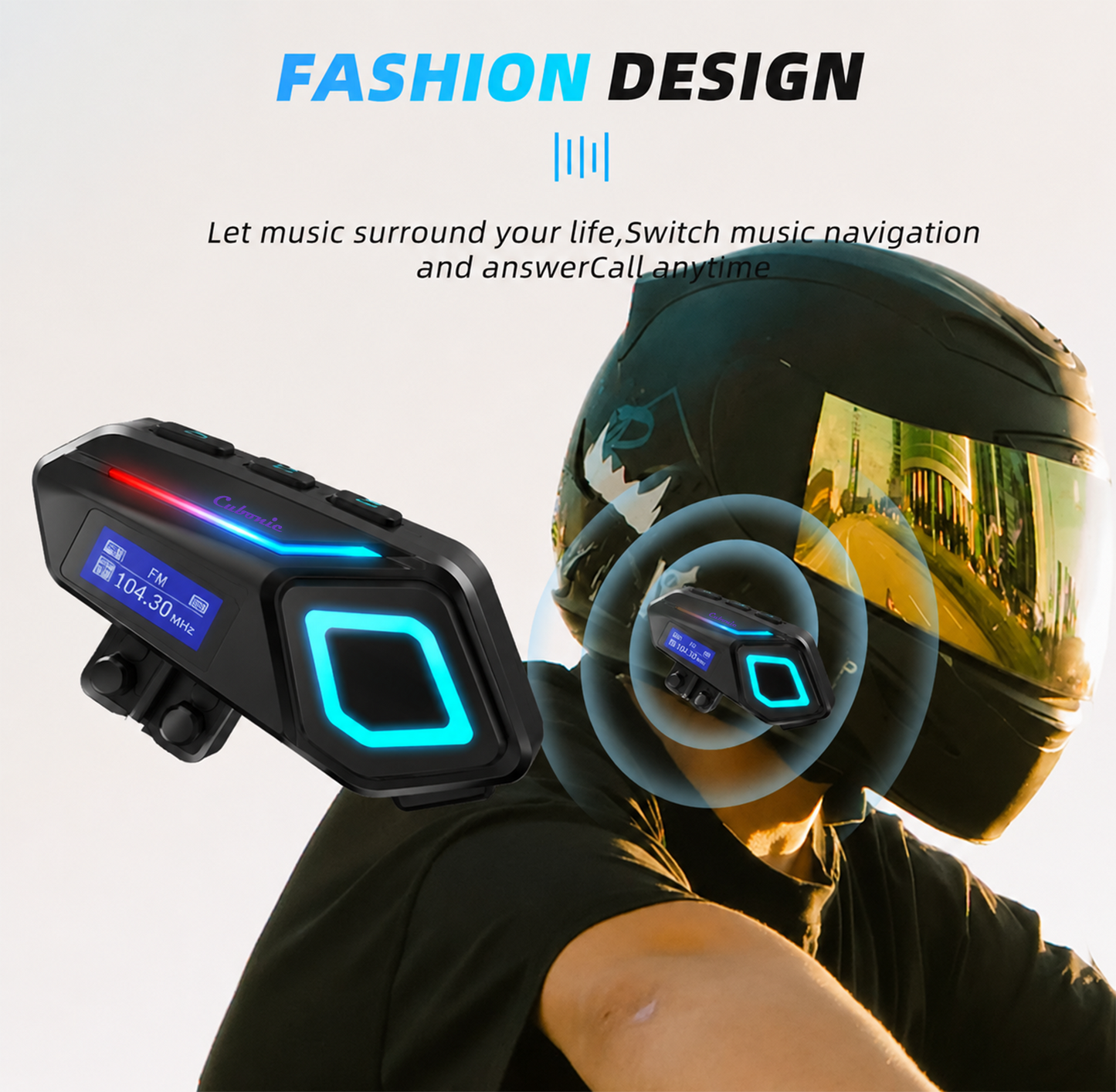 Cubonic RideVibe K08 Wireless Bluetooth Helmet Headset with FM Radio, BT Calling, Hi-Fi Stereo Sound, Noise Reduction, RGB Light, LED Display & Flashlight for Motorcycle Helmets