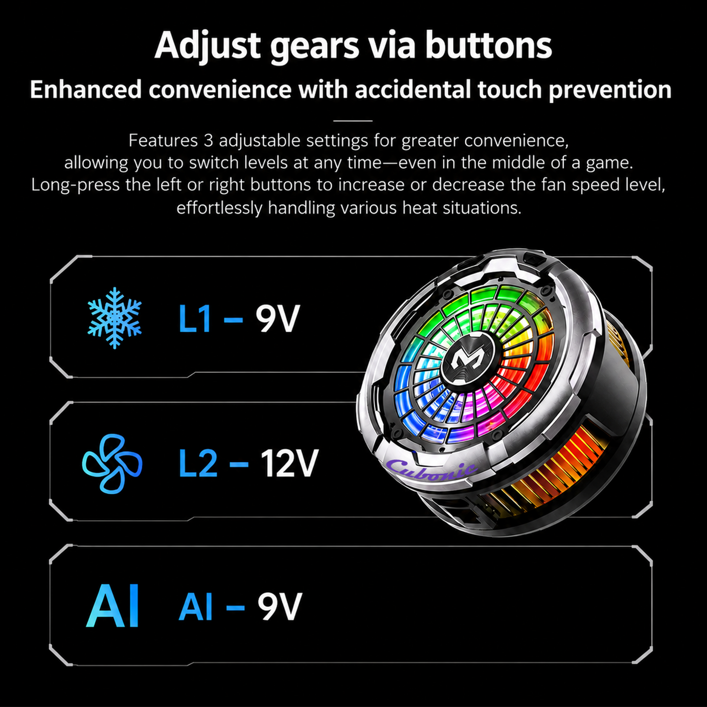 Cubonic CX26 Magnetic Phone Cooler – 30W Semiconductor RGB Cooling Fan with AI Temperature Control for iPhone & Android