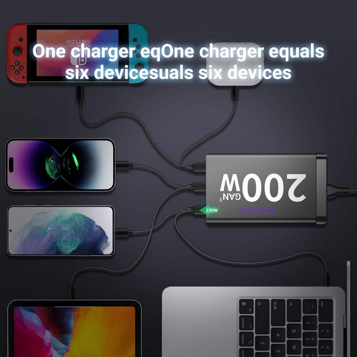 CUBONIC 200W GaN Charging Station, 6-Port Desktop Charger with 3 USB-C & 3 USB-A Ports, Multi Device Charging Hub for Laptops, Smartphones, Tablets, Wearables & USB Powered Electronics