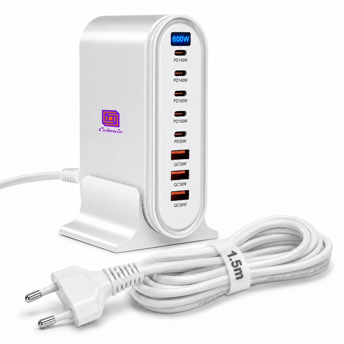 CUBONIC 600W GaN Charging Station, 8-Port Dockw/ 5USB-C & 3USB-A Desktop Charger with Digital Display and Desk Stand, Multiport Charging Hub for Home, Office, Workstation & Travel