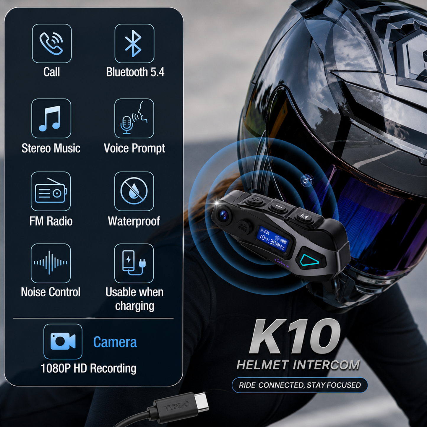 Cubonic RideCord K10 Bluetooth Helmet Headset with 1080p Real Time App Control Camera