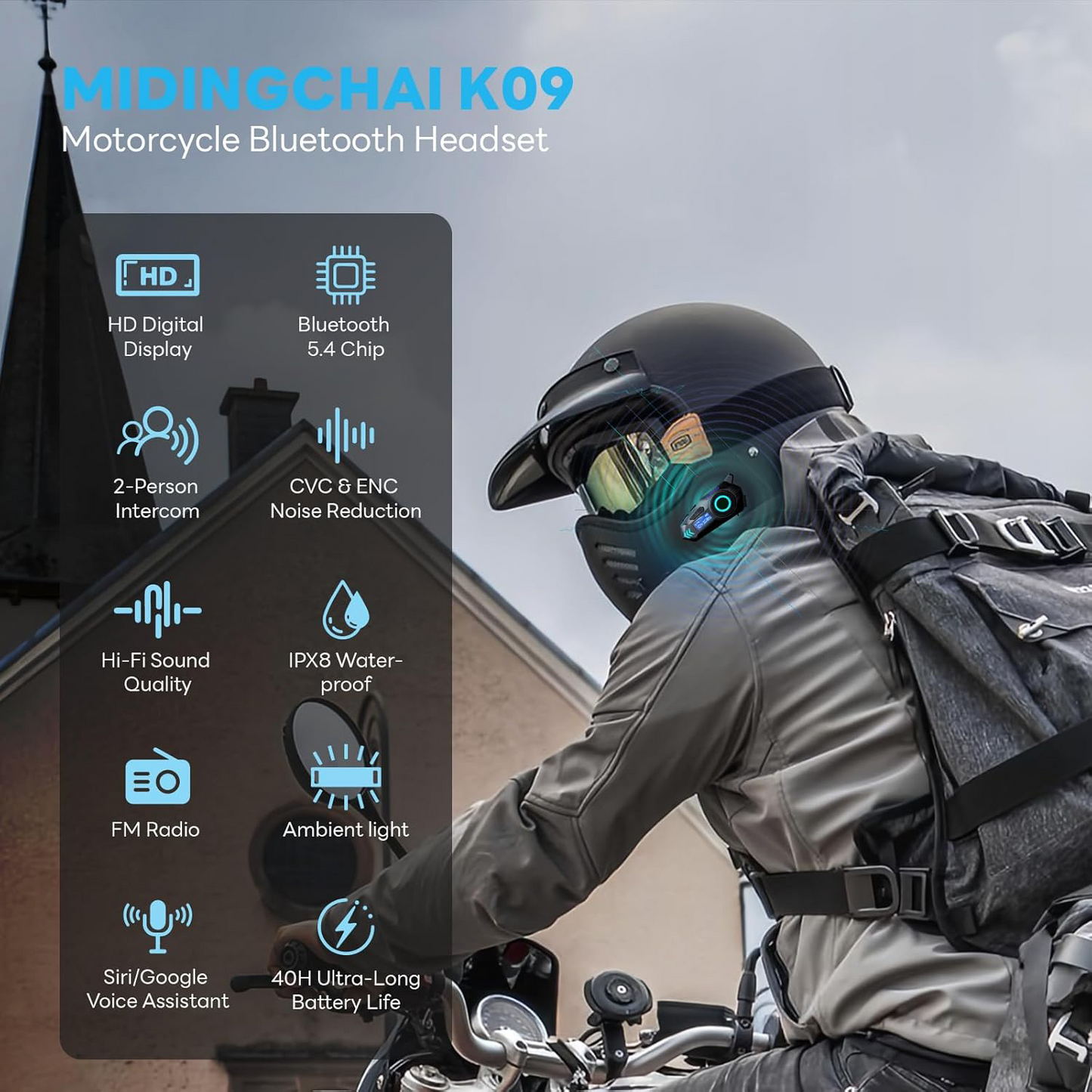 Cubonic RideSync K09 Motorcycle Bluetooth Helmet Headset with 500M Intercom, Bluetooth Calling, Music Sharing, FM Radio, HD Display, ENC Noise Reduction & IPX8 Waterproof