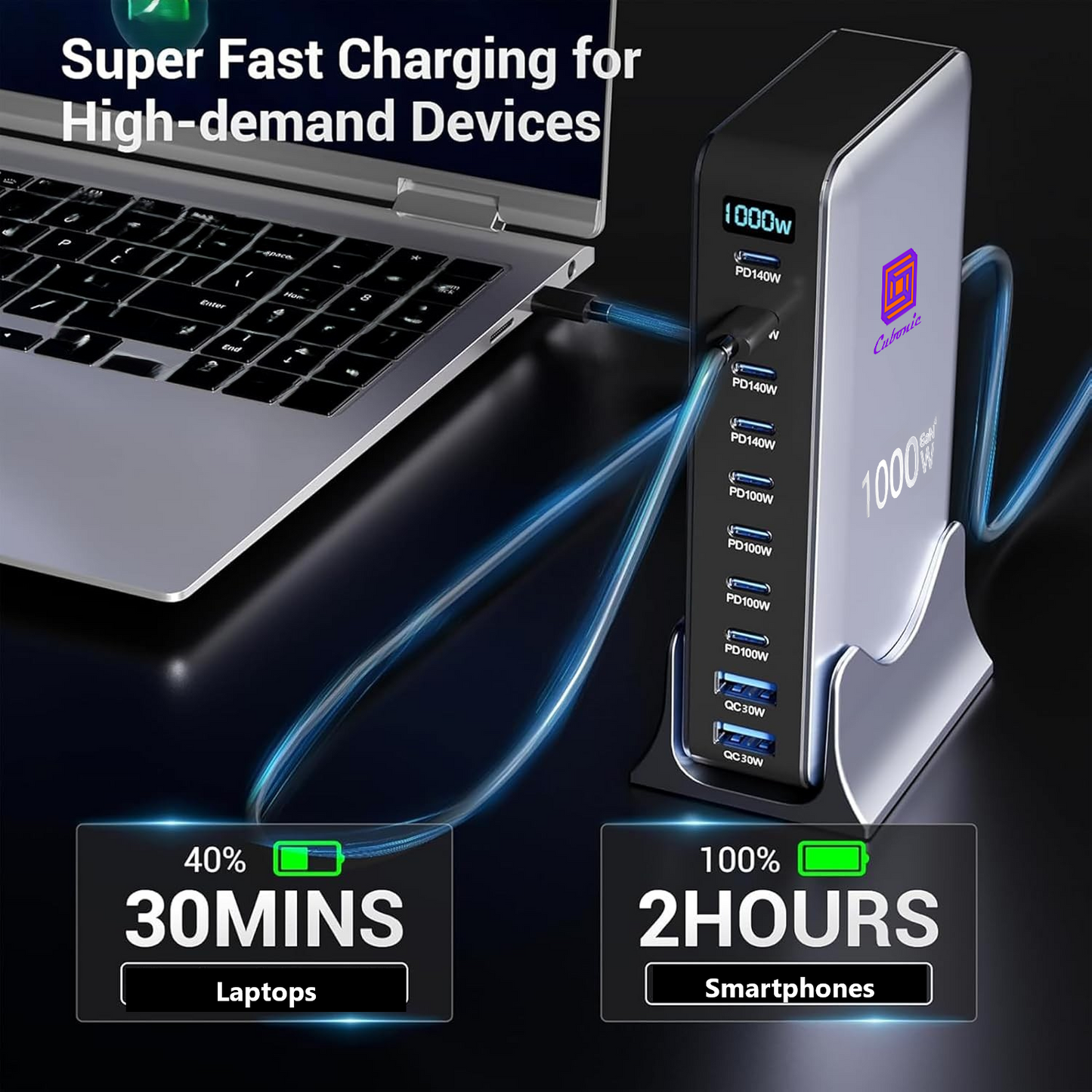 CUBONIC 1000W GaN Charging Station, 10-Port Fast Charger (8 Type-C + 2 USB-A), Max PD 140W/100W & QC 20W Multiport Charging Hub for iPhone 15/16, MacBook, Android, Type-C Laptops & All Devices