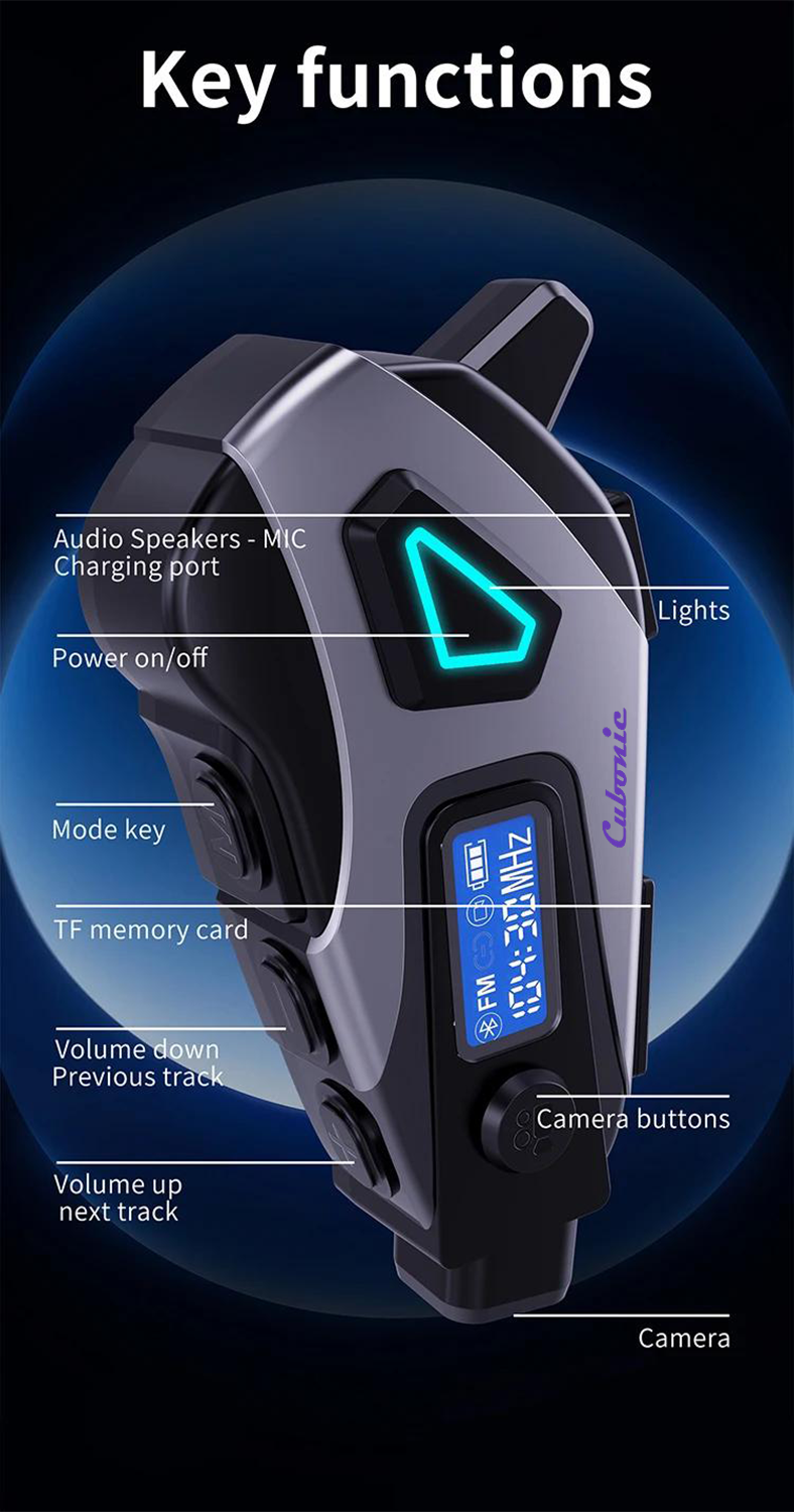 Cubonic RideCord K10 Bluetooth Helmet Headset with 1080p Real Time App Control Camera