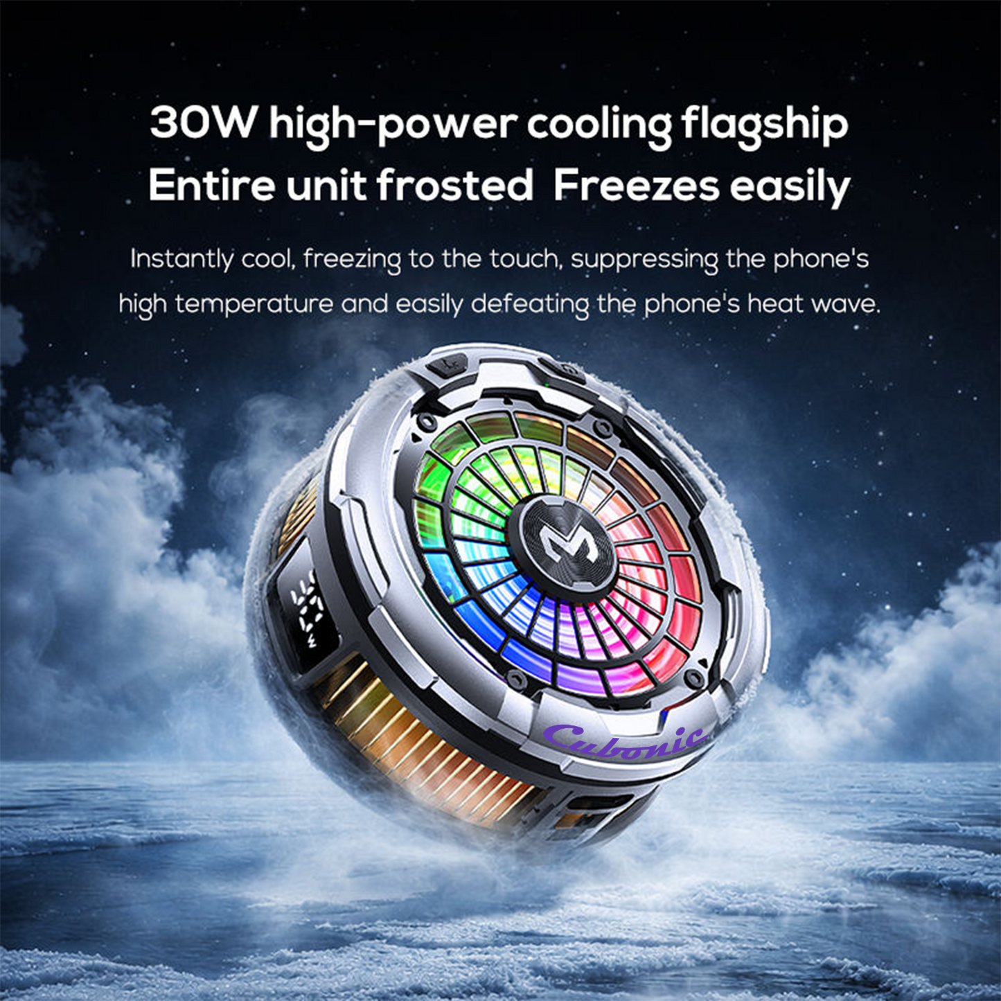 Cubonic CX26 Magnetic Phone Cooler – 30W Semiconductor RGB Cooling Fan with AI Temperature Control for iPhone & Android