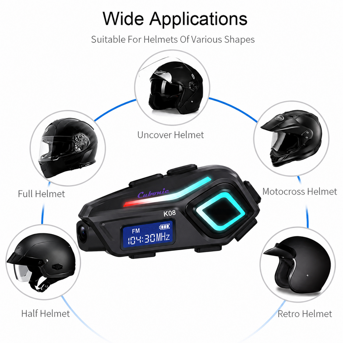 Cubonic RideVibe K08 Wireless Bluetooth Helmet Headset with FM Radio, BT Calling, Hi-Fi Stereo Sound, Noise Reduction, RGB Light, LED Display & Flashlight for Motorcycle Helmets