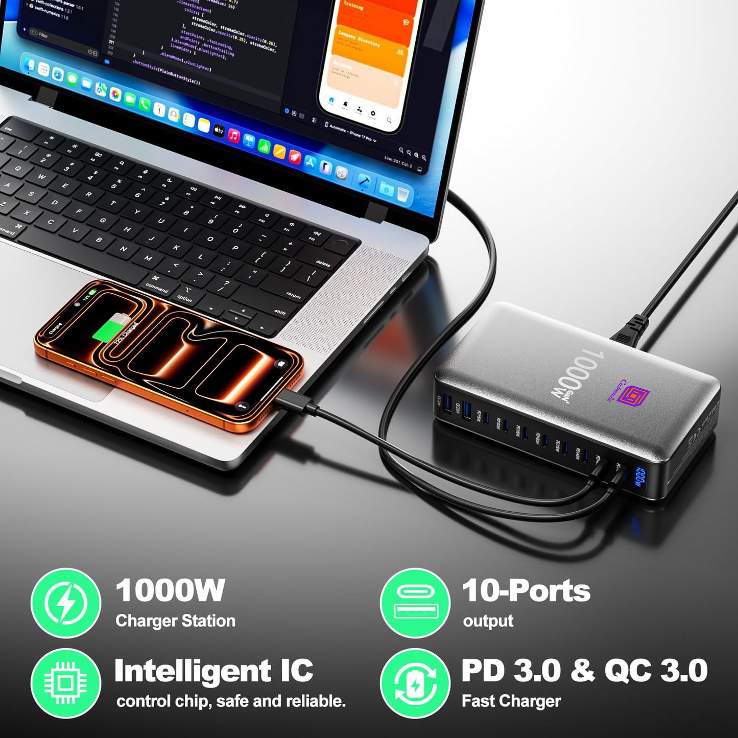 CUBONIC 1000W GaN Charging Station, 10-Port Fast Charger (8 Type-C + 2 USB-A), Max PD 140W/100W & QC 20W Multiport Charging Hub for iPhone 15/16, MacBook, Android, Type-C Laptops & All Devices