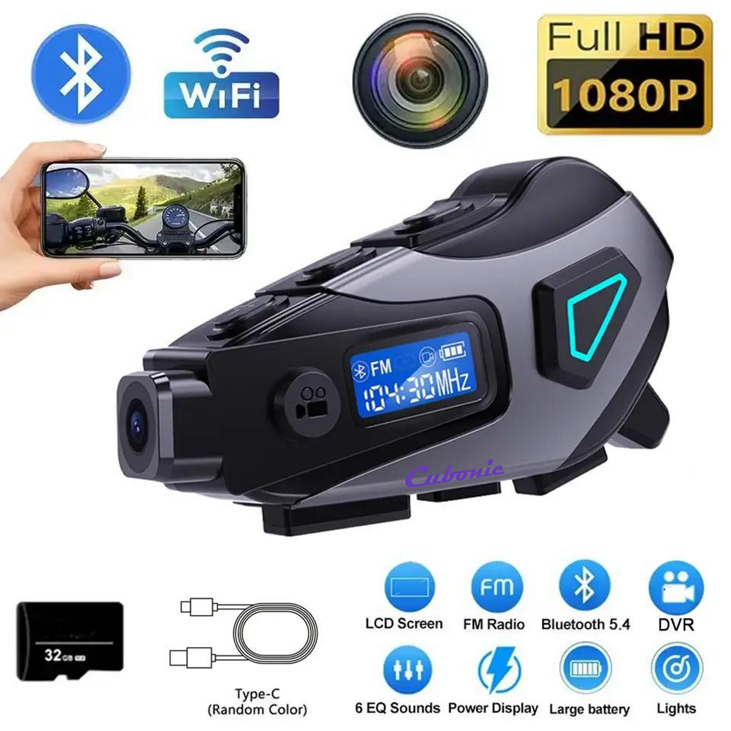 Cubonic RideCord K10 Bluetooth Helmet Headset with 1080p Real Time App Control Camera