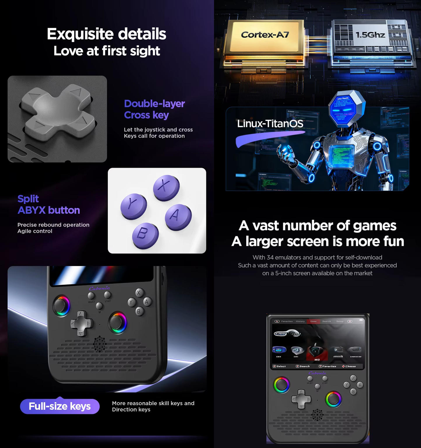 Cubonic SolidPlay H5 Handheld Gaming Console – 5" HD Display, 64GB Storage, 4000mAh Battery, Dual RGB Joysticks, 20,000+ Built-In Retro Games