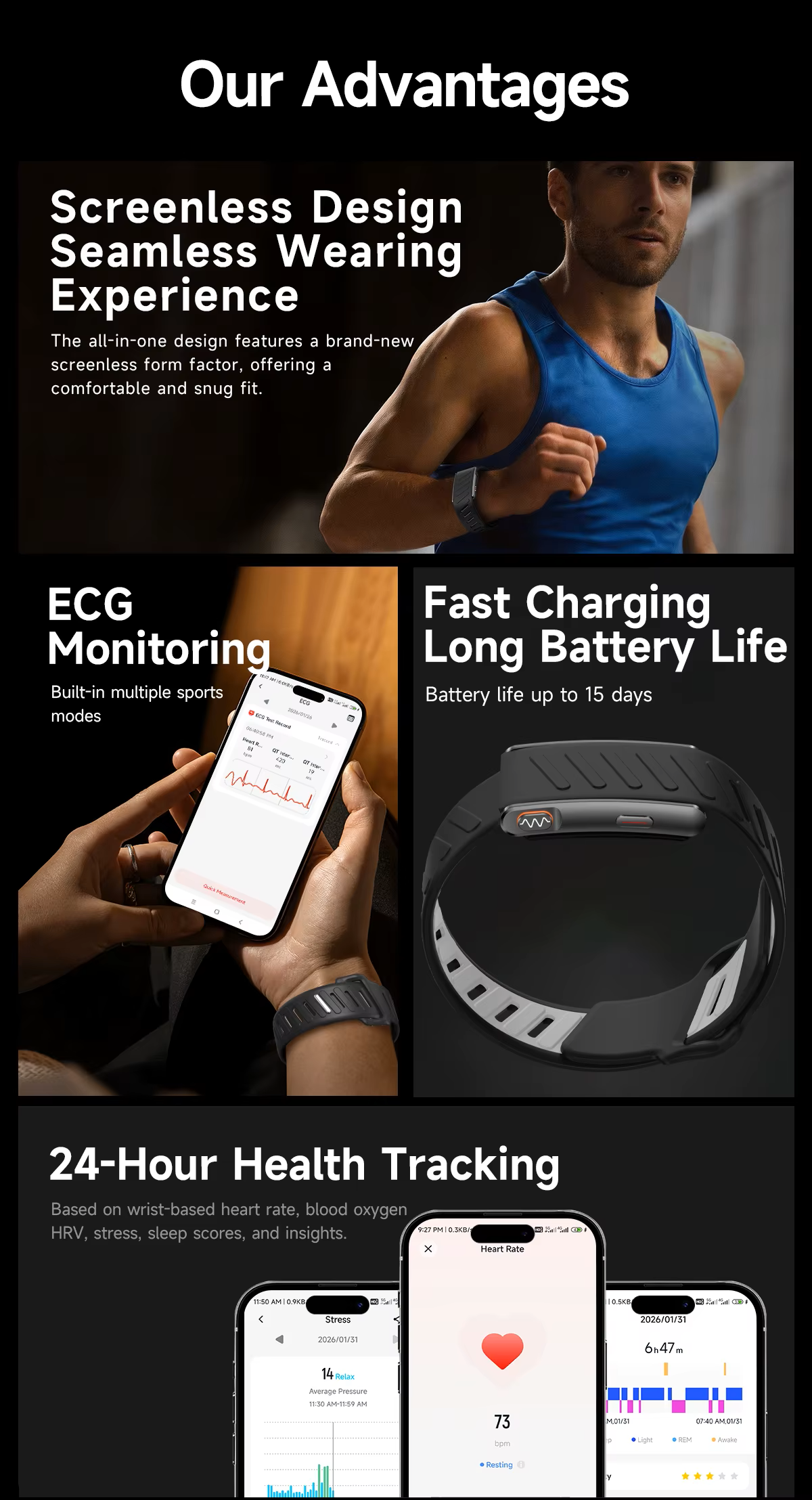 Cubonic Smart Health Bracelet with ECG, Heart Rate, HRV, SpO2, Body Temperature, Body Composition & Sleep Monitoring | 3ATM Waterproof | Up to 60 Days Battery Life