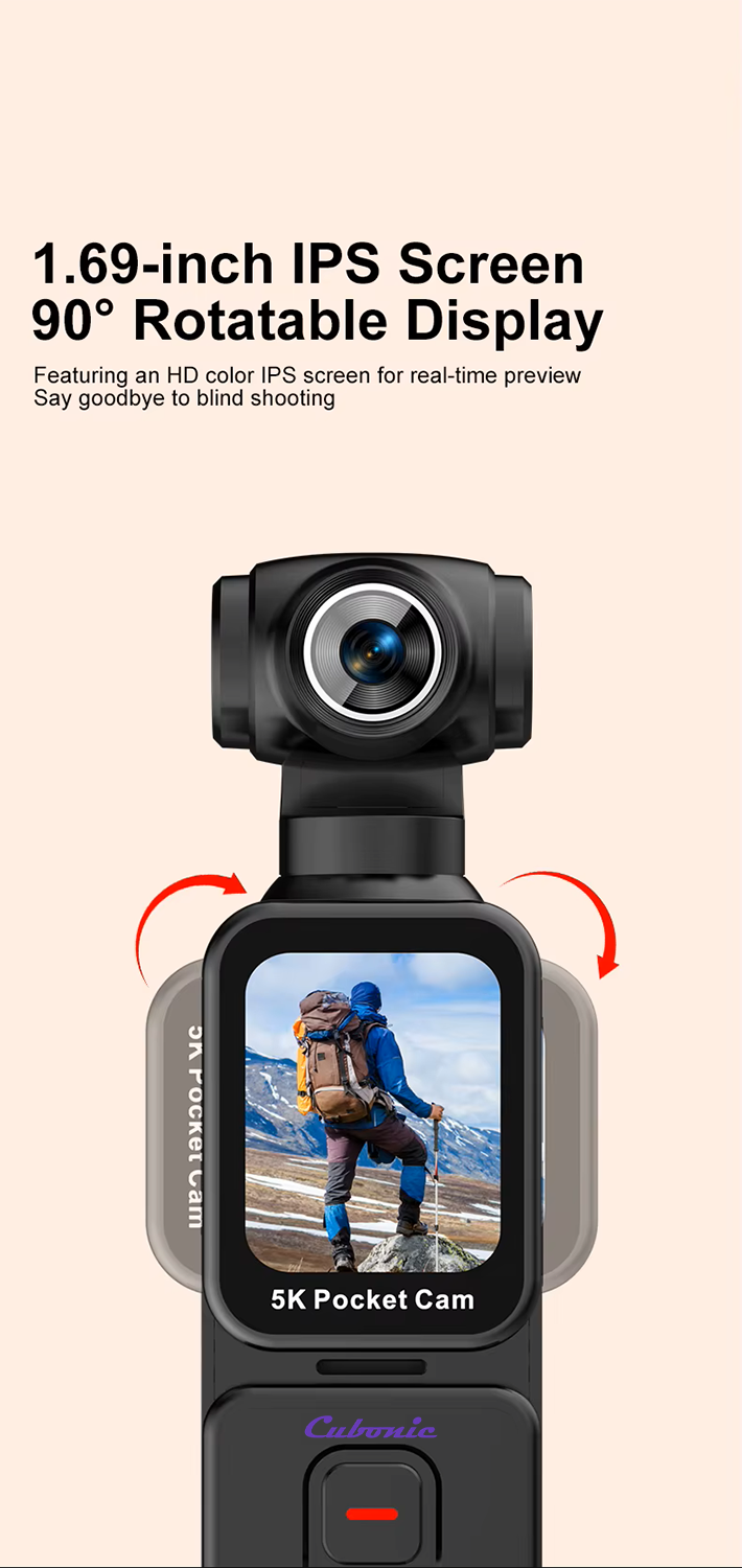 Cubonic 5K Pocket Camera 30FPS, 75MP, 270°Rotatable Lens, 90° Screen Rotation, 1.69 IPS Touch Screen,EIS,90°Screen Rotation, Sports and Action Camera